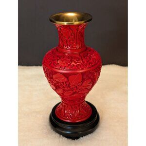 Hand-Carved Red Cinnabar Vase With Brass Lining & Black Base Stand Asian Decor